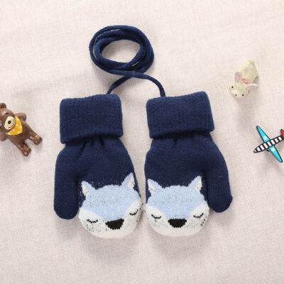 

Cute Cartoon Bear Baby Gloves Winter Wool Plus Thick Full Rope Finger Mittens Warm Knitted Gloves