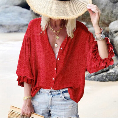 

Tailored Womens Fashion Style Lantern Sleeve Solid Color Printed Loose Buttoned Blouses