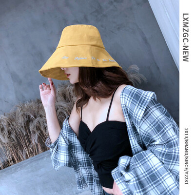 

New Hat Summer Harajuku Hong Kong Wind Fisherman Hat Outdoor Sun Sunscreen Fabric Sun Hat Embroidered Big-brimmed Pot Hat