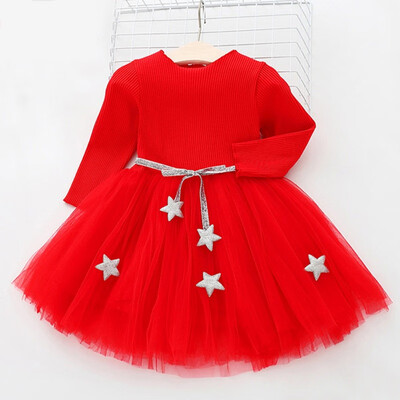 

2019 Spring Autumn Baby Kids Girls Dress Casual Sweet Long Sleeve Top Star Decoration Bowknot Belt Bubble Mesh Princess Dress