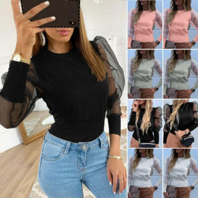 

US Women Ladies Puff Mesh Sleeve Tops Pullover Sweater Blouse Loose Jumper Shirt