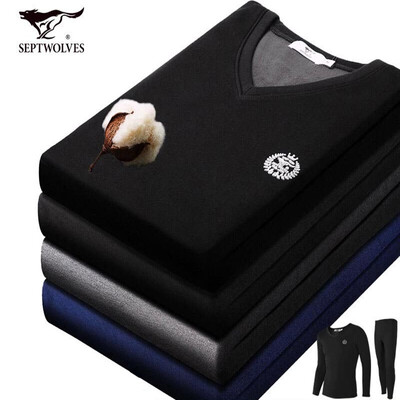 

Seven wolves thermal underwear men plus velvet thick suit invisible V-neck men&39s autumn&winter Shurong Qiuyi Qiuku suit 99295 black XL