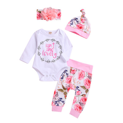 

Baby Girl Long Sleeve Casual O-Neck Romper TopsPantsHatHeadband 4Pcs Outfits