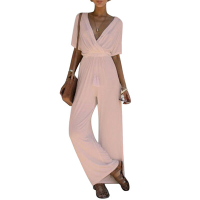 

2019 Womens Sexy Drawstring Deep V Neck Jumpsuits Fashion Solid Color Wide Leg Jumpsuits Casual Short Sleeve Straight Rompers