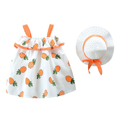 

2Pcs Baby Girls Dress Kids Clothes Carrot Pattern Sleeveless Dresses Cute Sundress With Hat