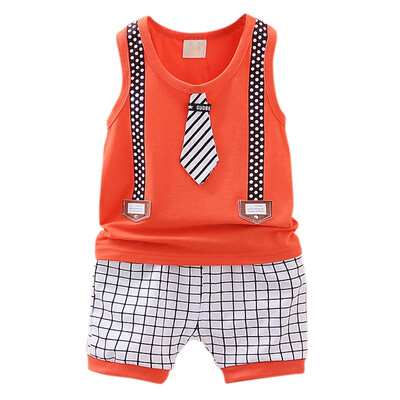 

2PcsSet Summer Baby Boys Sleeveless Cotton Print Tops Blouse VestPlaid Shorts Casual Outfits Sets