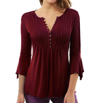 

2019 European&American Womens Tee Trumpet Sleeve V-neck Pleated Solid Color Ladies Fall Clothes T-shirt
