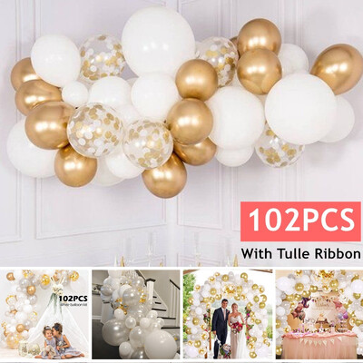 

10212PCS White Latex Ballon Confetti Golden Garland Ribbon Kit Birthday Party Anniversary Wedding Decoration