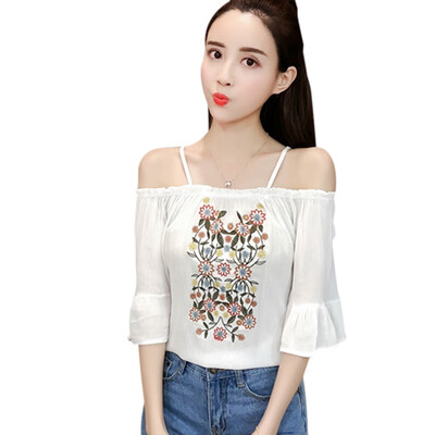 

2019 Fashion Summer Sexy Women Chiffon Blouse Off Shoulder Print Floral Casual Blouses Flare Sleeve Shirts