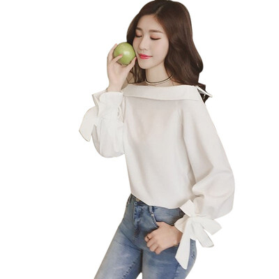 

Women Sweet Off Shoulder Solid Bow Casual Blouse mujer de moda Polyester vadim Solid shein blusas shirt kimono harajuku