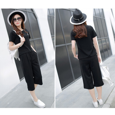 

Two Piece Set Summer Casual Chiffon Womens Sets O-neck short sleeve tops Mid-calf Pants Suit Set Womens Wide Leg Pants