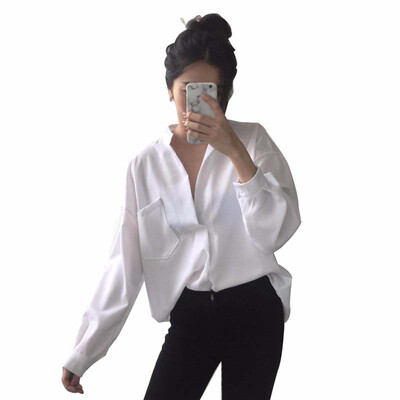 

Liva girl womens tops&blouses Black Noir White Solid Pocket Loose Blouses Women Oversized V-neck Sexy Shirts Tops Female