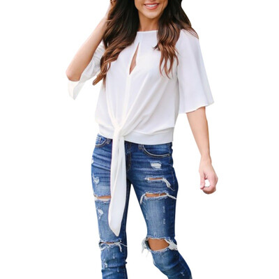 

Summer Round Neck Half Flare Sleeve Bandage Chiffon Blouse White Top Female Casual Solid Color Womens Blouses Hot Sale