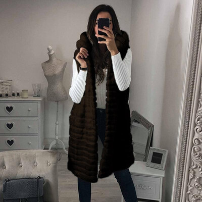 

Women Faux Fur Jacket Fluffy Solid Color Stripes Hooded Neckline Sleeveless Long Elegant Outerwear