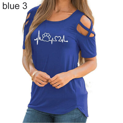 

Summer Casual Paw Print Cross Off Shoulder Short Sleeve O-Neck Women T-Shirt Top