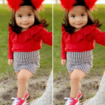 

US 2PCS Kid Baby Girl Clothes Long Sleeve Ruffle T-shirtPlaids Dress Outfit Set