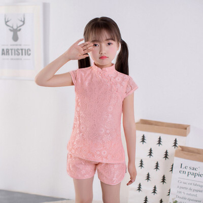 

Baby Girls Clothes set Sleeveless Tang Suit Children T-shirt Tops Shorts Set Cotton Button Design