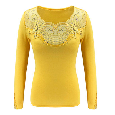 

Women O-Neck Characteristic Lace Ironing beads Tee Top Slim Fit Long Sleeve Womens Fashion Top