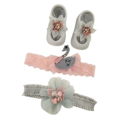 

Newborn Baby Cartoon Bowknot Flower Design Cotton Socks With Hairband Photography Props Set