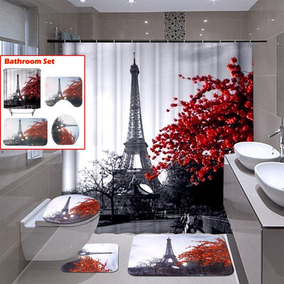 

Retro Paris Eiffel Tower Style Waterproof Bathroom Shower Curtain 3-Pieces Toilet Cover Mat Non-Slip Rug Set