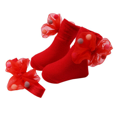 

Newborn Baby Cute Mesh Bowknot Hairball Design Cotton Socks with Hairband Photography Props Set New