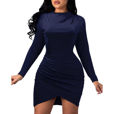 

Tailored Women Sexy Autumn Fashion O-Neck Irregular Long Sleeve Pure Color Dress