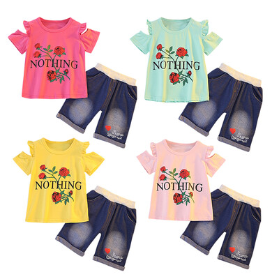 

New Summer Children Baby Girls Casual Letter Floral Pattern Off-shoulder Short Sleeve Tops T-shirtShorts Suits Costume Set