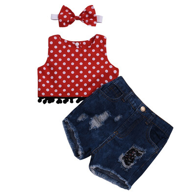 

Hot Summer Children Clothes 3pcs White Dot Red Vest Denim Shorts Hair Band Suit Baby Girl Clothes