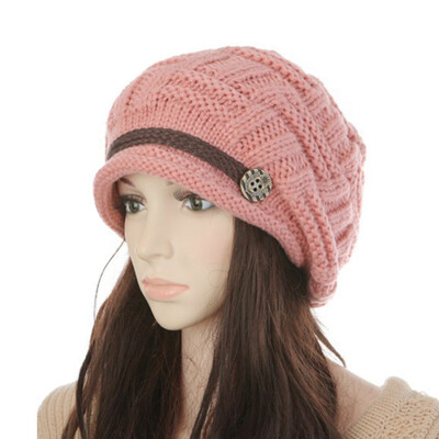 

Women Winter Knitted Braided Beanie Hats Cabled Checker Pattern Hat Beret Slouchy Button Leather Belt Cap