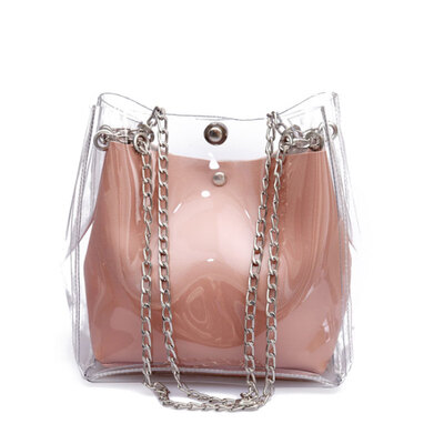 

Fashion Women Transparent Case Handbags Casual Girls 2019New Wild Messenger Bag Chain Bucket Shoulder Bags Solid Color PU Bucket