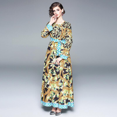 

M L XL XXL elegant new autumn 2018 women long maxi dress long sleeve black gold vintage digital print A line ankle length belt off