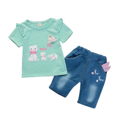 

Summer Baby Girls Short Sleeve Animal Cat Print T-shirt TopsDenim Shorts Suits Casual Outfits Sets
