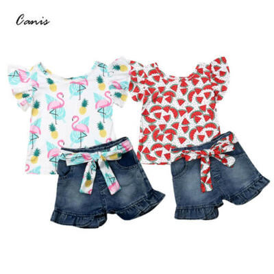

Toddler Kids Baby Girls Floral Tops T-shirt Denim Pants Shorts Outfits Clothes