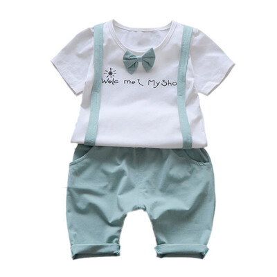 

Summer Toddler Baby Boys Clothing Sets Short Sleeve Bow Tie Letter ShirtSuspenders Shorts Casual Suits NEW