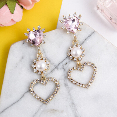 

Love Heart Rhinestone Simulated Pearl Long Earring Drop Jewellery For Women