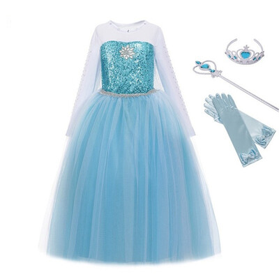 

MUABABY Girls Elsa Costume Blue Snow Queen Princess Dress up with Long Train Halloween Christmas Party Sequined Cosplay Fantasy