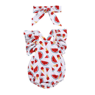 

Lovely Newborn Baby Girl Sets Flare Sleeve Watermelon Print Romper Bow Headband 2Pcs Outfits Summer Baby Clothes 0-24M