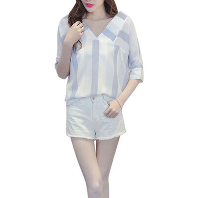 

Femme Womens Tops Fashion 2019 Summer Linen Blue Shirt Women Three Quater Sleeve Blouse Korean Woman Clothes