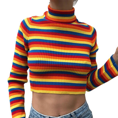 

Women Jumper Striped Sweater Turtleneck Full Sleeve Rainbow Color Slim Crop Pullover Sweet fASHIONTop