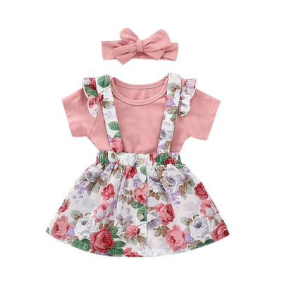 

Infant Baby Girls Summer Clothes Floral Jumpsuit Strap Skirt Clothing Set Newborn Girl Short Sleeve Strap Skirts Headband