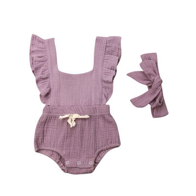 

Summer Newborn Baby Girls Set Flare Sleeve Backless Rompers Solid Pattern Cotton One-Piece Romper Headband 2Pcs Romper Sets