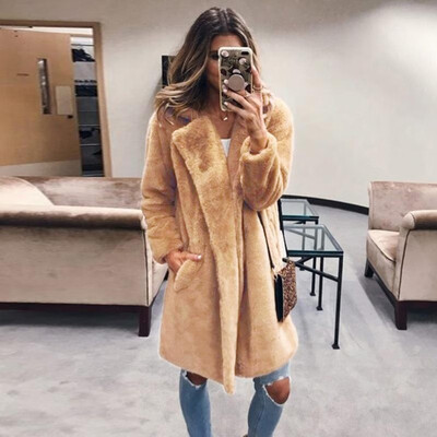 

Fashion Women Winter Fluffy Solid Color Coat Notched Collar Long Sleeve Concealed Button Pocket Faux Fur Thick Jacket Outerwear