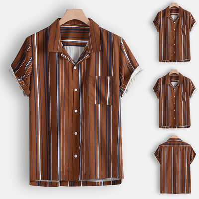 

Toponeto Fashion Mens Casual Button Hawaii Striped Print Beach Short Sleeve Top Blouse