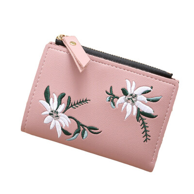 

Women Embroidery Faux Leather Coin Key Card Holder Zipper Purse Short Wallet