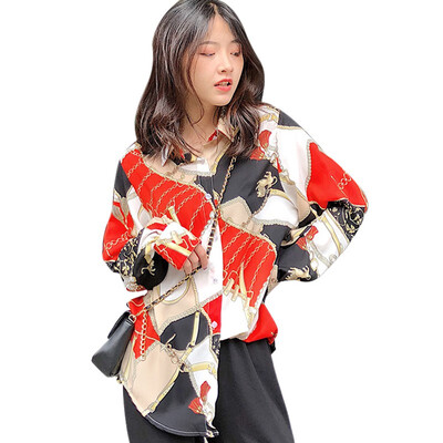 

Fashion Women\s Print Shirt Lapel Long-sleeved Blouses Casual Loose Cardigan Blouse Tops