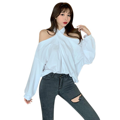 

Elegant Cross Halter Women\s Shirts Off Shoulder Sexy Long Sleeve Slim T Shirts Tops Female Autumn Clothing