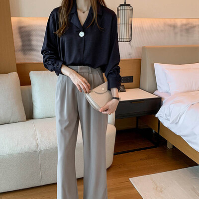 

Women Blouse Autumn Blouse Turn-down Collar Solid Color Fashion Casual Long Sleeve Office Lady Blouses
