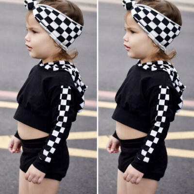

UK Toddler Baby Girl Clothes Plaids Hooded TopsShortsHeadband Outfit Tracksuit