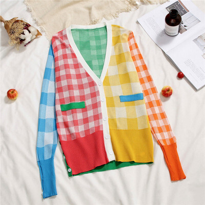 

Korean Style V-neck New Rainbow Sweater Loose Casual Fashion Long-sleeved Knit Cardigan Code Sweater 3 Colors