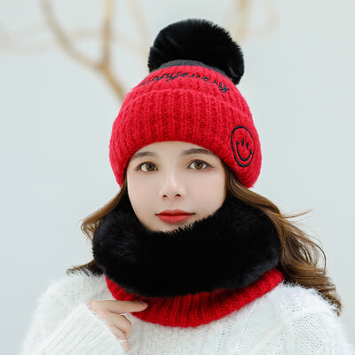 

Manufacturers directly for Ms Autumn&Winter warm neck knitted hat smiling face wool hat matching color fashion suit headgear
